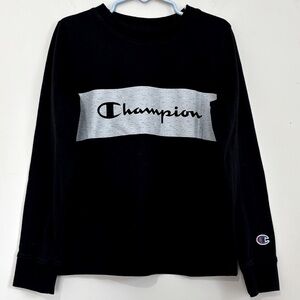 CHAMPION Little Boys Ko Script printed front Long Sleeve Crew Neck Black T-shirt